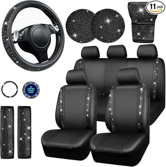 CAR PASS Leather Bling Seat Covers Full Sets 16 pcs, Bling Diamond Car Accessories Set for Women, Sparkly Rhinestone Steering Wheel Cover, Glitter Cute Car Interior Sets for Women Girl, Black Diamond