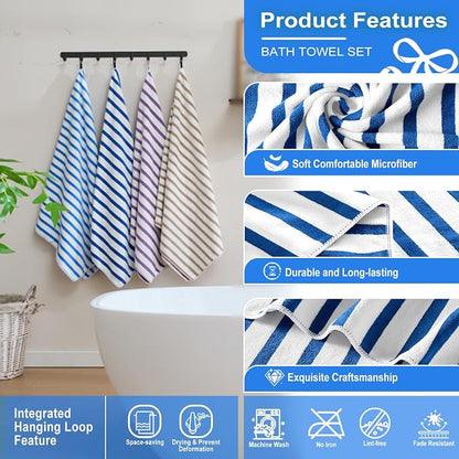 JML Microfiber Beach Towels, 6 Pack, 27" x 55", Large Bath Towel Set for Adult- Cabana Stripe - Absorbent, Quick Drying Lint-Free, No Fading for Summer Party, Pool, Sport, Yoga, Swimming, Dark Blue
