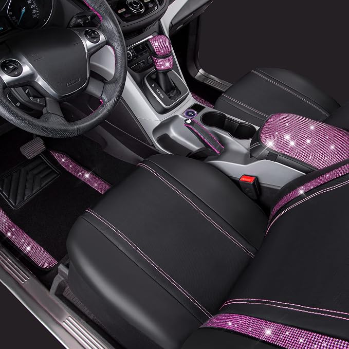 CAR PASS Bling Rhinestone Car Seat Covers Leather Shining Diamond Car Floor Mats Carpet with Anti-Slip Nibs Bling Diamonds Car Accessories Sets Pink Glitter Crystal Diamond Combo Set