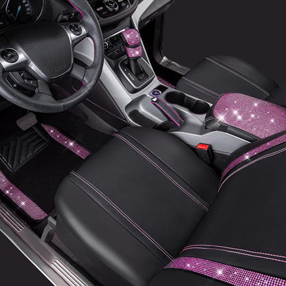 CAR PASS Bling Rhinestone Car Seat Covers Leather Shining Diamond Car Floor Mats Carpet with Anti-Slip Nibs Bling Diamonds Car Accessories Sets Pink Glitter Crystal Diamond Combo Set
