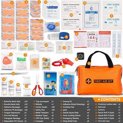 Car Emergency Kit with Portable Air Compressor - Roadside Assistance Emergency Kit with Jumper Cables, First Aid Kit, Auto Tool Set, Winter Safety Kit for Women, Men, Teen (Orange)