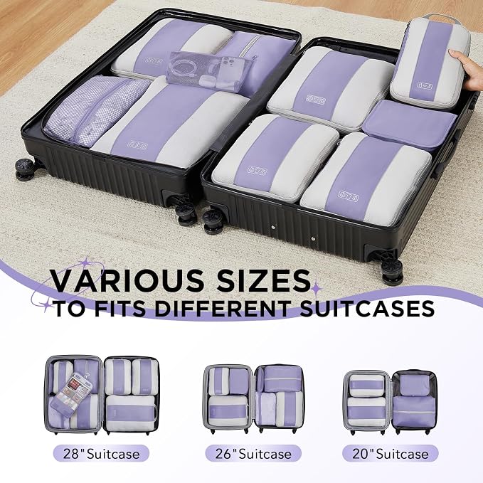 OlarHike 10-Pack Compression Packing Cubes for Travel Essentials,Compressible Expandable Packing Cubes for Suitcase,Luggage Garment Bags for Travel,Handy Helper for Organizing Clothes(Purple Gray)