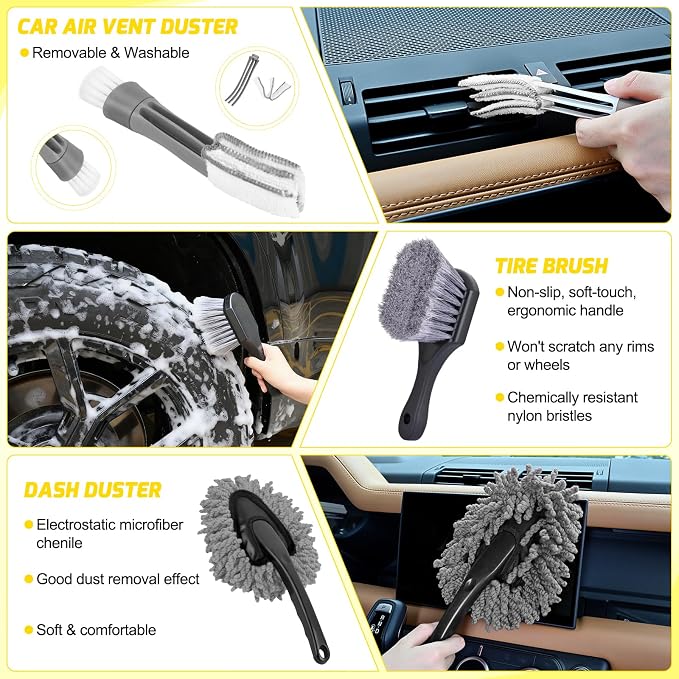 Nilight 27PCS Car Detailing Kit Auto Cleaning Tools Wash Set with Storage Carry Bag Home Use for Interior Exterior Deep Clean Polish Car Care Windshield Dashboard Seat Air Vents Wheels Tires, Yellow