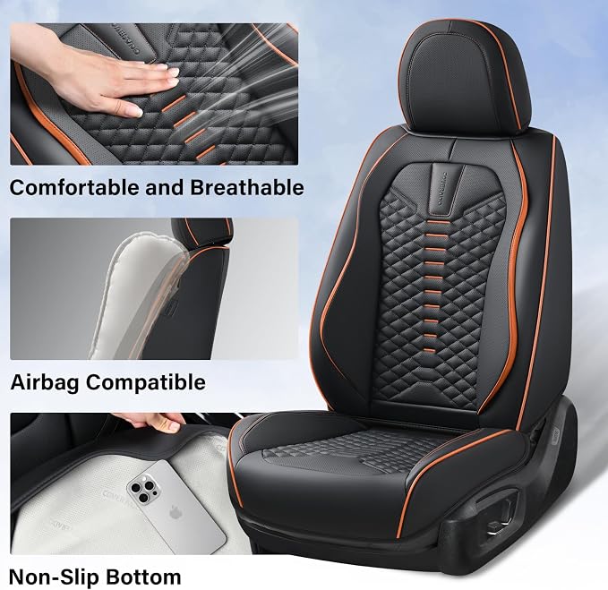 Coverado Automotive Seat Covers, Car Seat Covers Front Seats, Nappa Leather Black Orange Car Seat Cover, Waterproof Seat Cushion, 2 Pack Front Seat Covers Driver Seat Protector Fit for Most Cars SUV