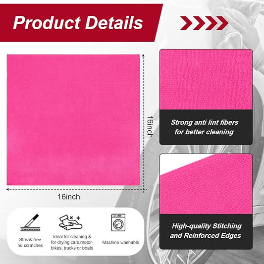 Oudain 200 Pcs Microfiber Cleaning Cloth 16x16 Inch Microfiber Towels for Car Ultra Absorbent Cleaning Rags Reusable Lint Free Streak Free Detailing Towel for Car Washing Drying Dusting (Pink)