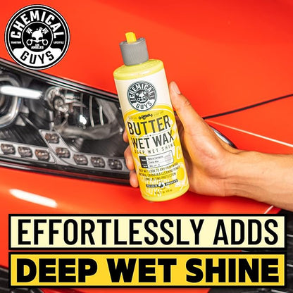 Chemical Guys Butter Wet Wax - Deep Wet Shine Car Wax for Cars, Trucks, SUVs, RVs, and More, Easy On/Off Liquid Formula, Banana Scent - 16 fl oz