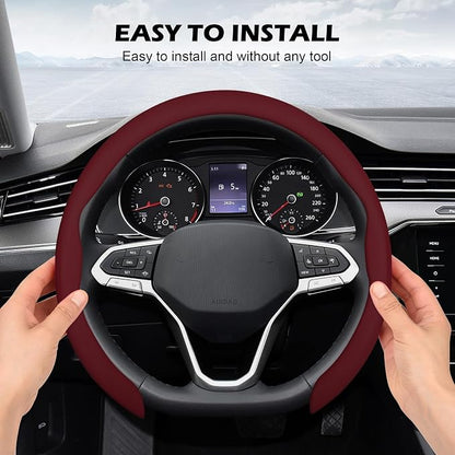 Frani Nappa Leather Steering Wheel Cover,Universal Fit 15 Inch-Premium Non-Slip Breathable Comfort Grip for Cars Trucks SUVs,Anti-Slip Durable Interior Upgrade Wine Red