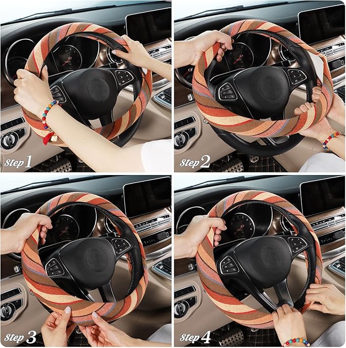 SEG Direct Boho Steering Wheel Cover with Baja Blanket Cloth, Ethnic Style Auto Wheel Cover Made of Coarse Flax, Fits 14 1/2-15 1/4 inches Car Wheel