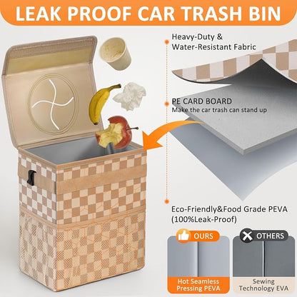 Vankor Car Trash Can Bin with Lid Hanging for Back Seat, Car Accessories for Women Men Leak Proof Automotive Garbage Cans Leakproof Vehicle Trash Can for Truck SUV,Khaki Checkered