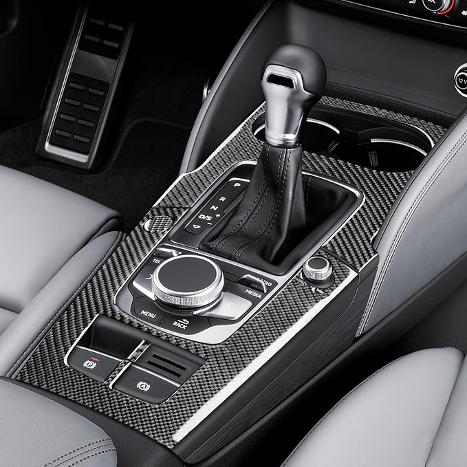 Real Premium Carbon Fiber Sticker Compatible with Audi A3 S3 RS3 8V 2013 2014 2015 2016 2017 2018 2019 Car Gear Shift Panel Water Cup Holder Frame Decor Kit Auto Interior Accessories 4pcs Black