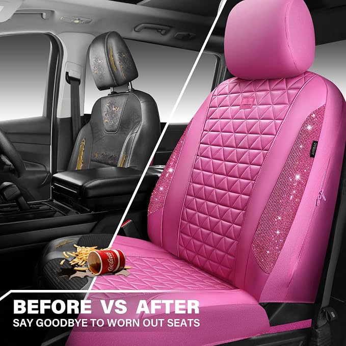 CAR PASS Hot Pink Bling Diamond Leather Car Seat Covers Full Sets, Waterproof Shining Glitter Sparkly Crystal Universal Armrest Fit for Automotive Truck SUV Cute Women Girl,Hot Pink Rhinestone