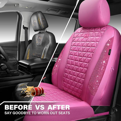 CAR PASS Hot Pink Bling Diamond Leather Car Seat Covers Full Sets, Waterproof Shining Glitter Sparkly Crystal Universal Armrest Fit for Automotive Truck SUV Cute Women Girl,Hot Pink Rhinestone