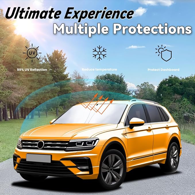 Windshield Sun Shade for 2018-2026 VW Tiguan Volkswagen Tiguan | Front Window Sunshade with 240T Sun Visor Protector Foldable Heat Shield Blocks UV Rays Keep Cars Cooler, Car Accessories