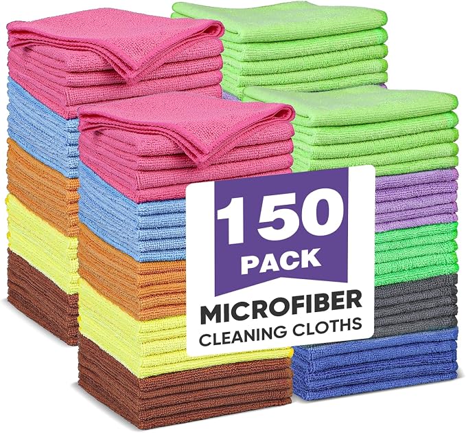 TEAWOO 10 Colors Microfiber Cleaning Cloths, 150 Pack Assorted Cleaning Rags, Highly Absorbent Microfiber Towels for Car, Kitchen, Bathroom and Household Cleaning, 11.8"X11.8"