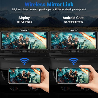 Wireless Apple Carplay Screen for Car with 4K Dash Cam, 10.26" Portable Apple Carplay & Android Auto, HD Touchscren with 1080p Backup Camera, Mirror Link/Voice Control/Music Play/GPS Navigation