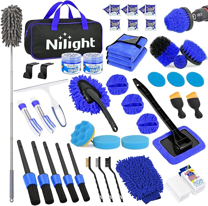 Nilight 52PCS Car Detailing Kit Auto Cleaning Tools Wash Set with Storage Carry Bag Home Use for Interior Exterior Deep Clean Polish Car Care Windshield Dashboard Seat Air Vents Wheels Tires, Blue