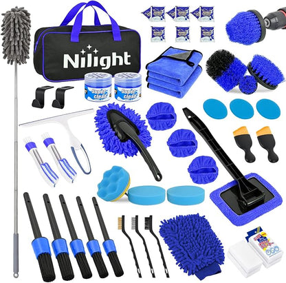 Nilight 52PCS Car Detailing Kit Auto Cleaning Tools Wash Set with Storage Carry Bag Home Use for Interior Exterior Deep Clean Polish Car Care Windshield Dashboard Seat Air Vents Wheels Tires, Blue