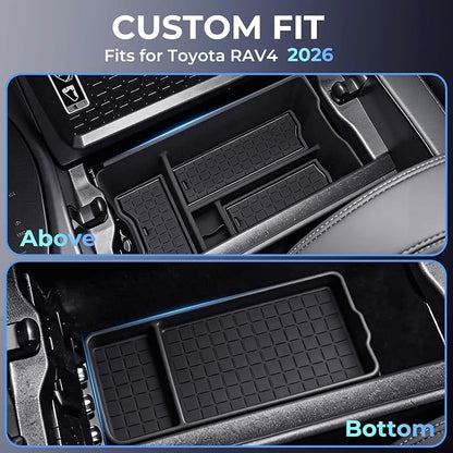 Center Console Organizer Storage Box & Armrest Bottom Mat for Toyota RAV4 2026, Interior Accessories Armrest Insert Tray Storage Box for 2026 RAV 4, Black