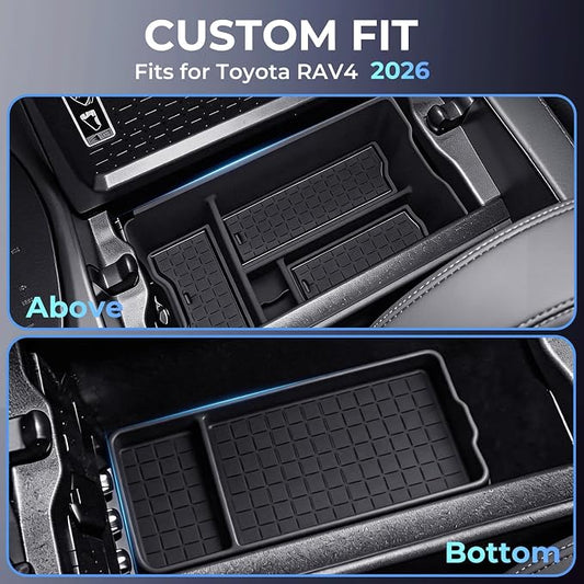 Center Console Organizer Storage Box & Armrest Bottom Mat for Toyota RAV4 2026, Interior Accessories Armrest Insert Tray Storage Box for 2026 RAV 4, Black