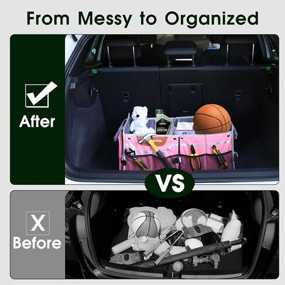 SugarFox Car Trunk Organizer for SUV, 70L Heavy Duty Waterproof Trunk Organizer, Foldable Vehicle Organizer with Anti-Slip Base, 24”x13.8”x11.8”, Pink-M003