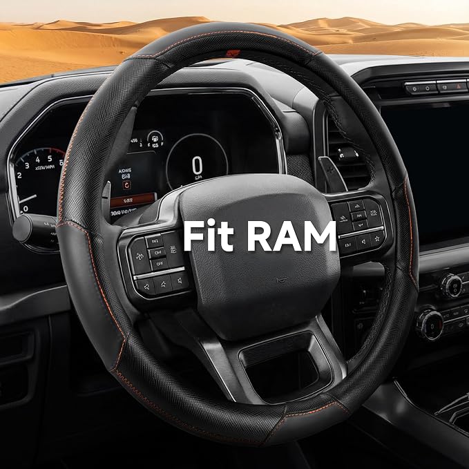 West Llama Customized Auto Car Steering Wheel Cover for Dodge RAM 1500 2500 3500, 15.5-16 inch(Black+Orange-Large Size)