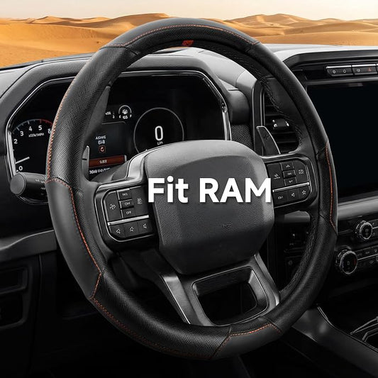 West Llama Customized Auto Car Steering Wheel Cover for Dodge RAM 1500 2500 3500, 15.5-16 inch(Black+Orange-Large Size)