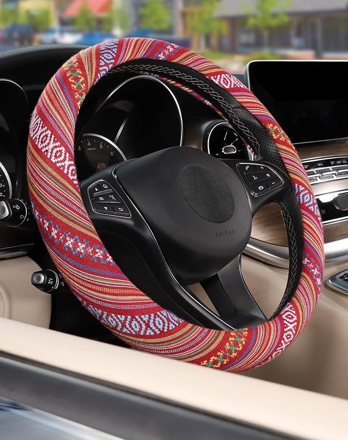 SEG Direct Boho Steering Wheel Cover with Baja Blanket Cloth, Ethnic Style Auto Wheel Cover Made of Coarse Flax, Fits 14 1/2-15 1/4 inches Car Wheel
