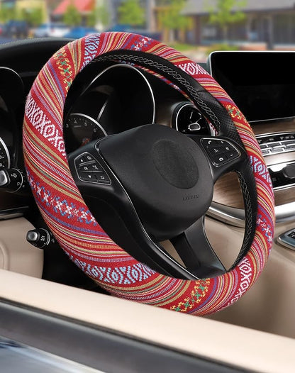 SEG Direct Boho Steering Wheel Cover with Baja Blanket Cloth, Ethnic Style Auto Wheel Cover Made of Coarse Flax, Fits 14 1/2-15 1/4 inches Car Wheel