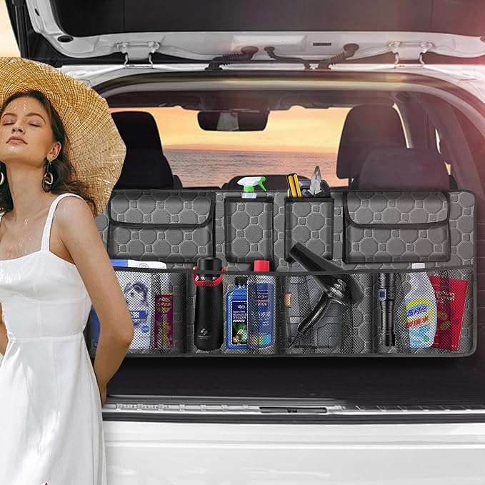 esouler Car Trunk Organizer, Super Capacity Backseat Car Organizer for SUV/Truck/MPV(42"*18"), Hanging Car Storage Organizer with 8 Pocekts, Car Accessories for Women and Men- Grey