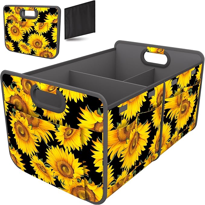 Homeve Car Trunk Organizer for SUV, 18.5Gal Large Capacity No-Sag Heavy Duty, Foldable Waterproof Anti-Slip Storage with 12 Pockets, Fit Sedan, Truck, Universal Car Accessories, Sunflower, Large