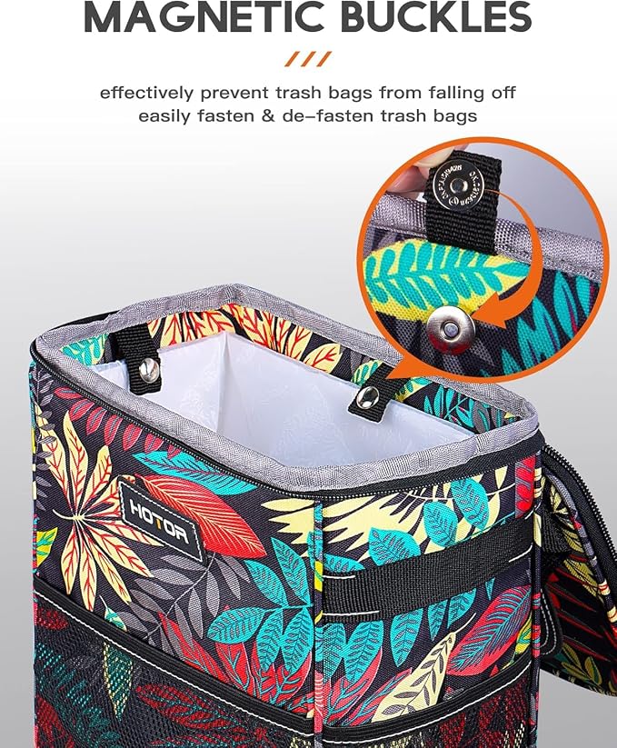 HOTOR Car Trash Can with Lid and Storage Pockets - 100% Leak-Proof Organizer, Waterproof Garbage Can, Multipurpose Trash Bin for Car, 2 Gallons, Autumn Leaves