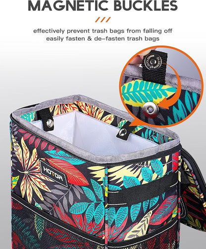 HOTOR Car Trash Can with Lid and Storage Pockets - 100% Leak-Proof Organizer, Waterproof Garbage Can, Multipurpose Trash Bin for Car, 2 Gallons, Autumn Leaves