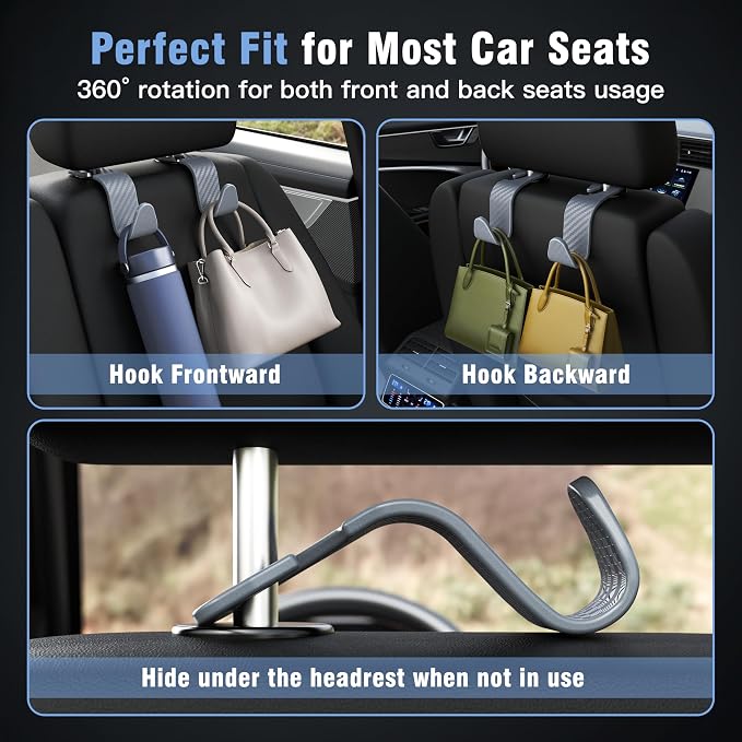 Amooca Car Seat Headrest Hook 4 Pack Hanger Universal Vehicle Car Storage Organizer for Handbag Purse Coat S Type Checkered Grey