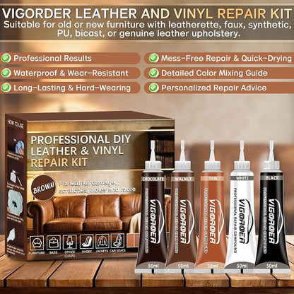 Vigorder Brown Leather Repair Kit for Furniture, Leather Couch Repair Kit for Furniture, Sofa, Jacket, Purse – Super Easy Instructions to Fix Scratches, Tears, Holes, and Peeling