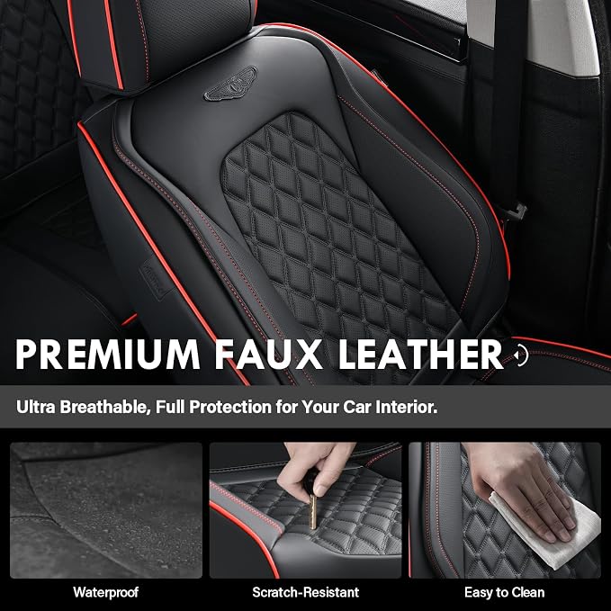 Coverado Front Seat Covers, Wear-Resistant Stain-Proof Cushions, Universal Fit for Most Vehicles, Waterproof Car Seat Protectors, Automotive Seat Covers-Red & Black Line Design