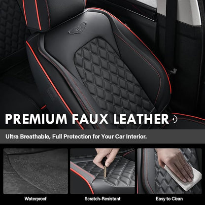 Coverado Full Set Car Seat Covers, Luxury Faux Leather Waterproof Seat Covers, 5-Seat Universal Fit, Front & Back Car Seat Protectors,Leather Seat Covers for Most Cars-Black & Red Line