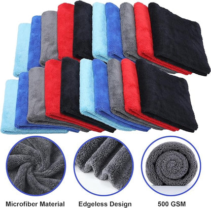 Shimeyao 30 Pcs 16 x 16 Inch Edgeless Microfiber Plush Towels for Cars Detailing Drying Wash Polishing Absorbent Cleaning Cloths, 500 GSM (Blue, Light Blue, Black, Grey, Red)