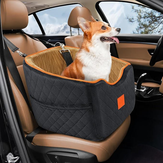 XIEEAOZEE Dog Car Seat for Small Dogs, Memory Foam Booster Dog Seat for Dogs up to 35 lbs, Elevated Pet Car Seat with Washable Removable Cover, Storage Pockets