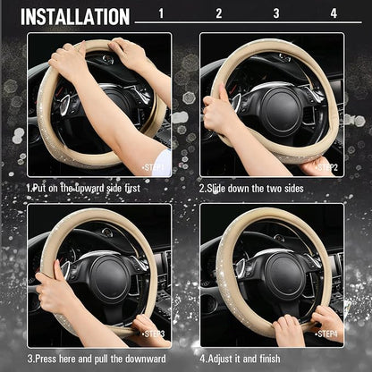 CAR PASS Bling Diamond Beige Leather Steering Wheel Cover, White Sparkly Crystal Glitter Rhinestones Universal Fit 14" 1/2-15" Car Wheel Protector for Women Girl Fit Suvs,Vans,Sedans,Trucks, Beige