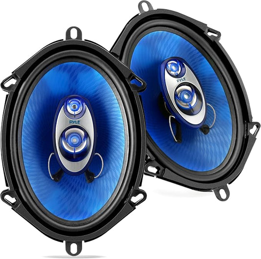 Pyle 5"x7"/6"x8" 3-Way Triaxial Car Speaker Pair – 300W Max/150W RMS, Blue Poly Injection Cone, Butyl Rubber Surround, 1" ASV Voice Coil, 4 Ohm, 80Hz-20kHz - PL573BL
