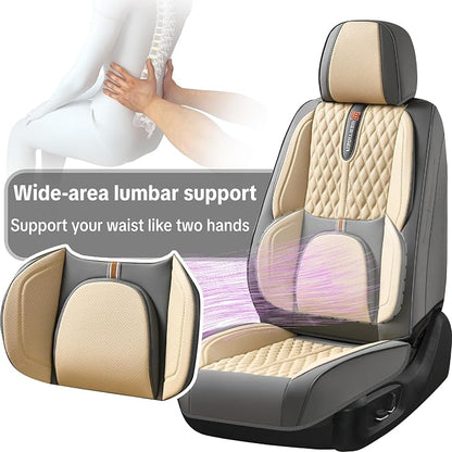 Khaki Car Seat Cover Complete Set, Universal Car Seat Cover for Car with Lumbar Support, Premium Artificial Leather, Waterproof and Easy to Clean, Airbag Compatible, Seat Heating Compatible