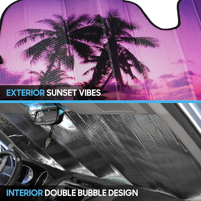 BDK Purple Sunset Beach Front Windshield Sun Shade Accordion Folding Cute Car Window Shades for Truck & Car Sunshade Shield for Sun UV Rays - Visor Protector Keeps Your Vehicle Cool - 58 x 27 inches