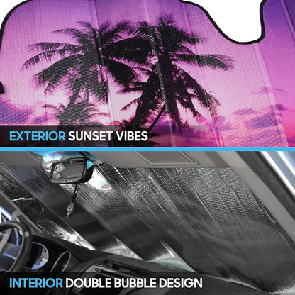 BDK Purple Sunset Beach Front Windshield Sun Shade Accordion Folding Cute Car Window Shades for Truck & Car Sunshade Shield for Sun UV Rays - Visor Protector Keeps Your Vehicle Cool - 58 x 27 inches