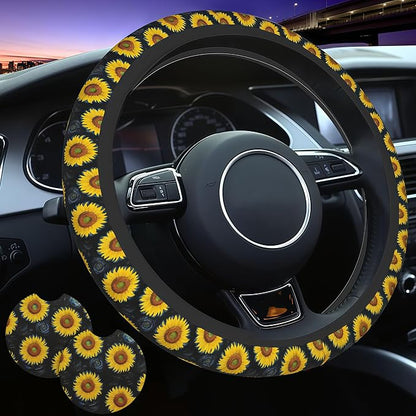 Sunflower Steering Wheel Cover Universal 14-15 Inch Breathable Anti Slip with 2 Pieces Car Coasters Sunflower Car Accessories Decor for Men Women