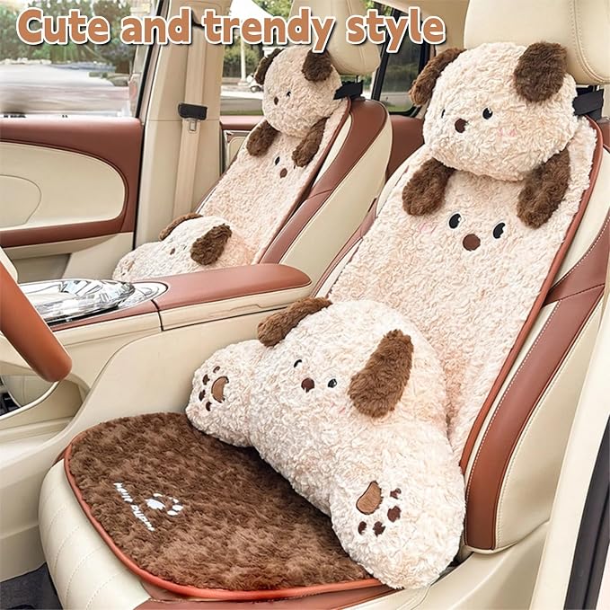 Cute Fluffy Dog Car Seat Cushions Covers Front and Rear Seat Pads Full Set 11PCS for 5 Seats, Winter Warm Automotive Interior Accessories for Cars SUV, Truck, Pickups (Fuzzy Dog - 11pcs)
