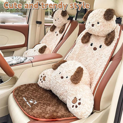 Cute Fluffy Dog Car Seat Cushions Covers Front and Rear Seat Pads Full Set 11PCS for 5 Seats, Winter Warm Automotive Interior Accessories for Cars SUV, Truck, Pickups (Fuzzy Dog - 11pcs)