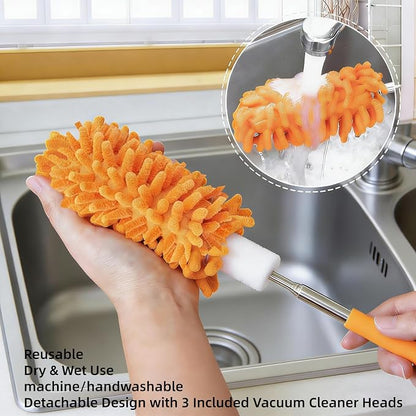 Microfiber Duster for Cleaning, GMLKRY Hand Washable Dusters with 3pcs Replaceable Microfiber Head, Extendable Pole, Detachable Cleaning Supplies for Office, Car, Window, Furniture (Orange)