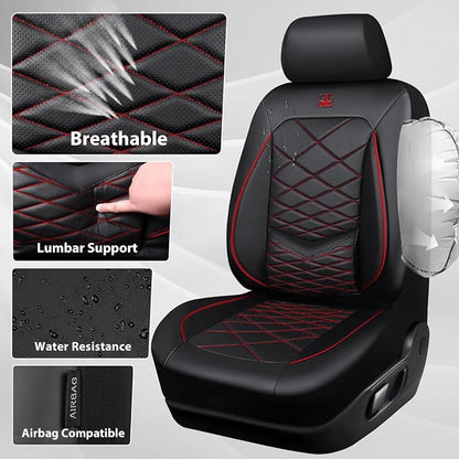 CAR PASS Luxury Nappa Leather Front Seat Covers, Water Resistant 3D Foam Seat Covers with Lumbar Support, Breathable Auto Seat Cover Airbag Compatible Universal Fit for Sedan SUV Van Truck, Black Red