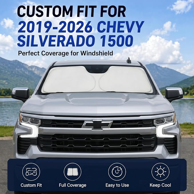Windshield Sun Shade for Chevy Chevrolet Silverado 1500 2019-2026 | Custom Fit Windshield Cover, Blocks UV Rays, Double-Layer Heat Shield, Durable Frame, Easy Fold & Storage