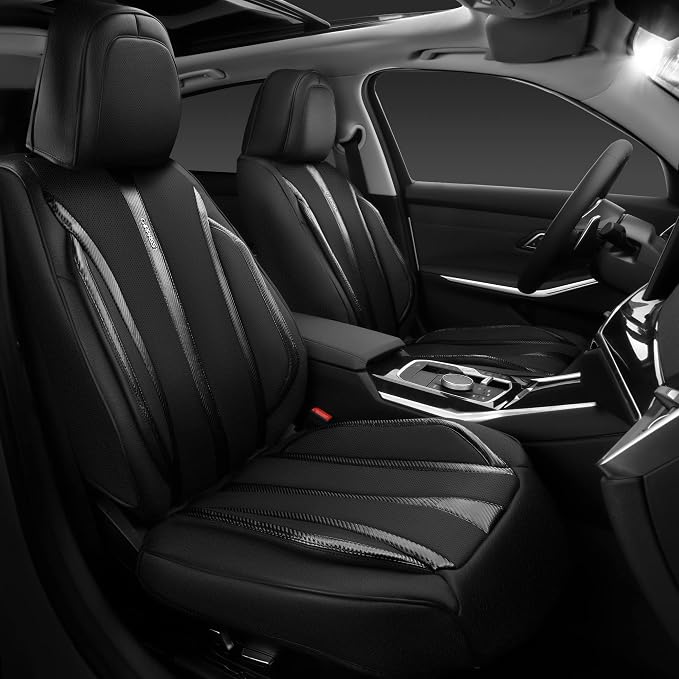 CAR PASS Nappa Leather Car Seat Covers Full Set & Carbon Fiber, Waterproof and Durable All Weather Protector, Universal Fit for SUV Pick-up Truck Sedan Automotive Vehicle Interior (5 Seats, Black)